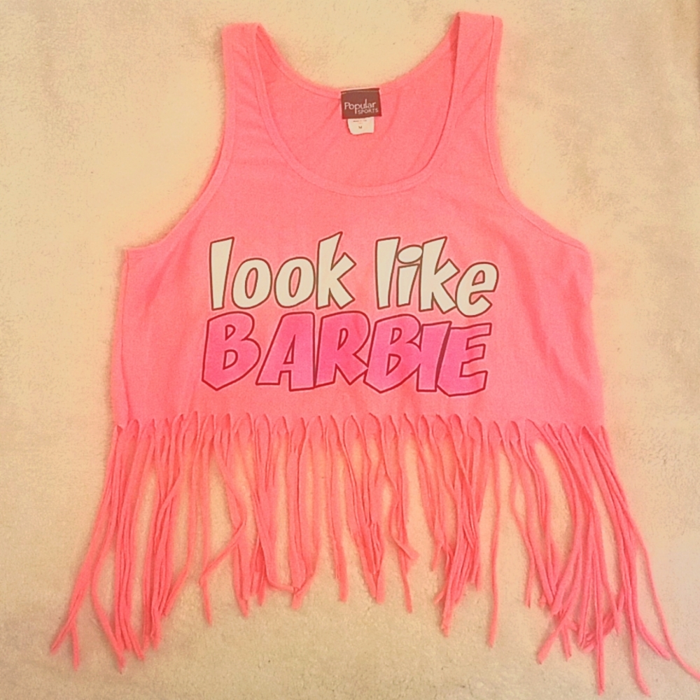 2-SIDED (SEE BACK) Funny 4/20 Neon Hot Pink Fringe Crop Top - NWOT